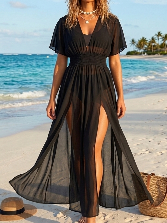ASOS Other - ASOS Black V-Neck Maxi Swim Cover-up with Smocked Waist Size 0 Ptp 14" L 58"